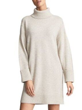 REISS Lucie Knitted Turtleneck Dress Light Taupe Tan Rolled Sleeve Size Large